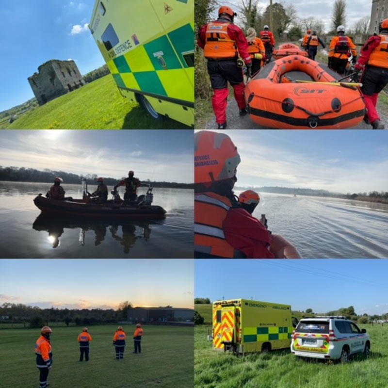 Civi Defence Photo Montage - Ambulance in field, moving a semi-rigid boat, the boat on the river, a search party